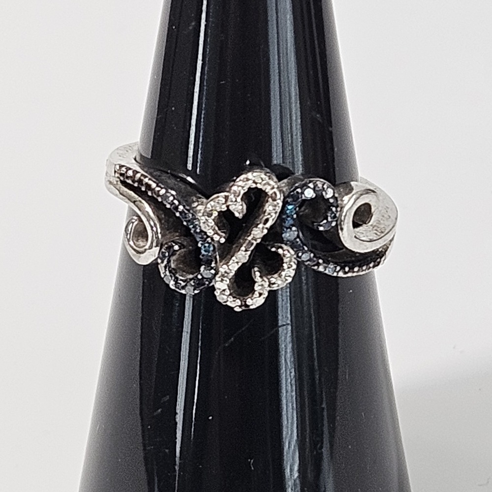 Sterling Silver Blue & White Diamonds Ring Open Heart JWBR Size 6.75 READ